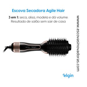 Escova Secadora Agile Hair Tourmaline íoW 3 em 1 Bivoltn Elgin 1200 -Seca, Alisa e Modela 